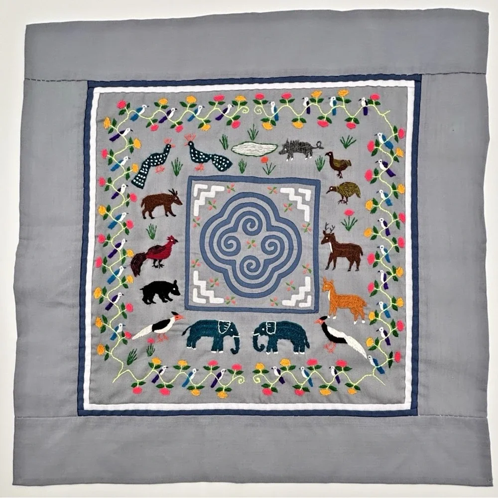 Vintage Hmong Hand Embroidered Story Cloth Tapestry Matching Set of 2 17.5x17.5
